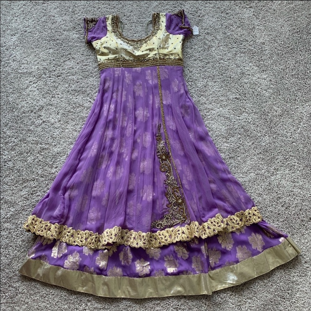 Lavender/Gold Embroidered Tiered Anarkali Dress